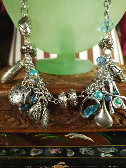 Vintage Boho Charm Statement Necklace Silver-Tone Blue Bohemian Y2K