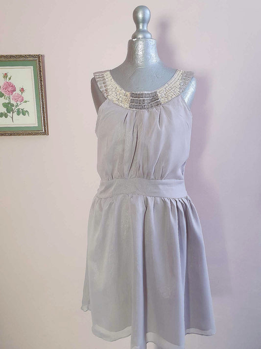 Vintage Grey Party Dress Chiffon Sequin Floaty Evening Cocktail  - Size 12