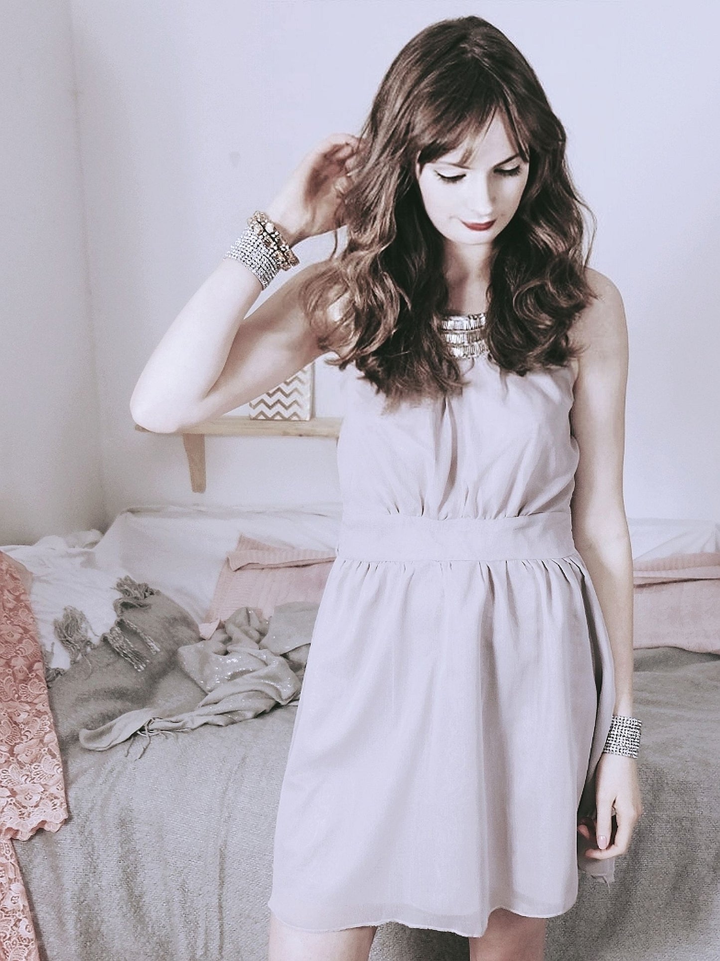 Vintage Grey Party Dress Chiffon Sequin Floaty Evening Cocktail  - Size 12