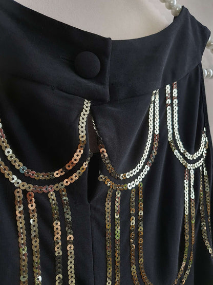 Vintage Black Party Dress Sequin Art Deco Flapper 20s Style - Size 14