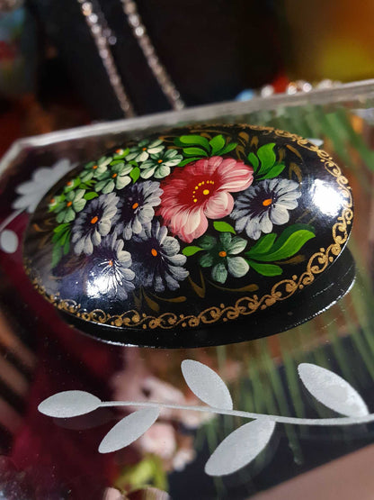 Vintage 90s Russian Floral Brooch Oval Pin Hand Painted Flowers Signed Folk Art