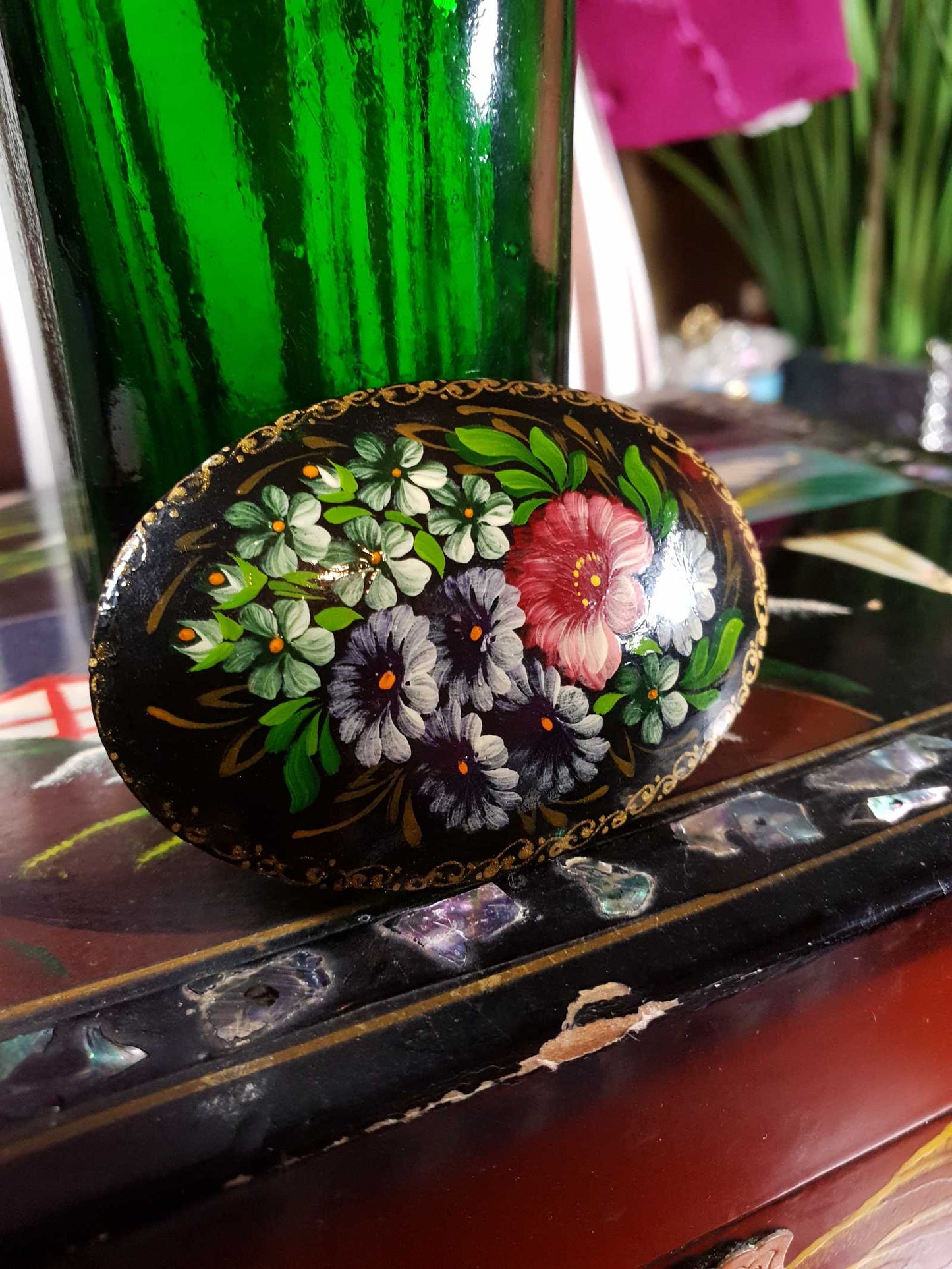 Vintage 90s Russian Floral Brooch Oval Pin Hand Painted Flowers Signed Folk Art