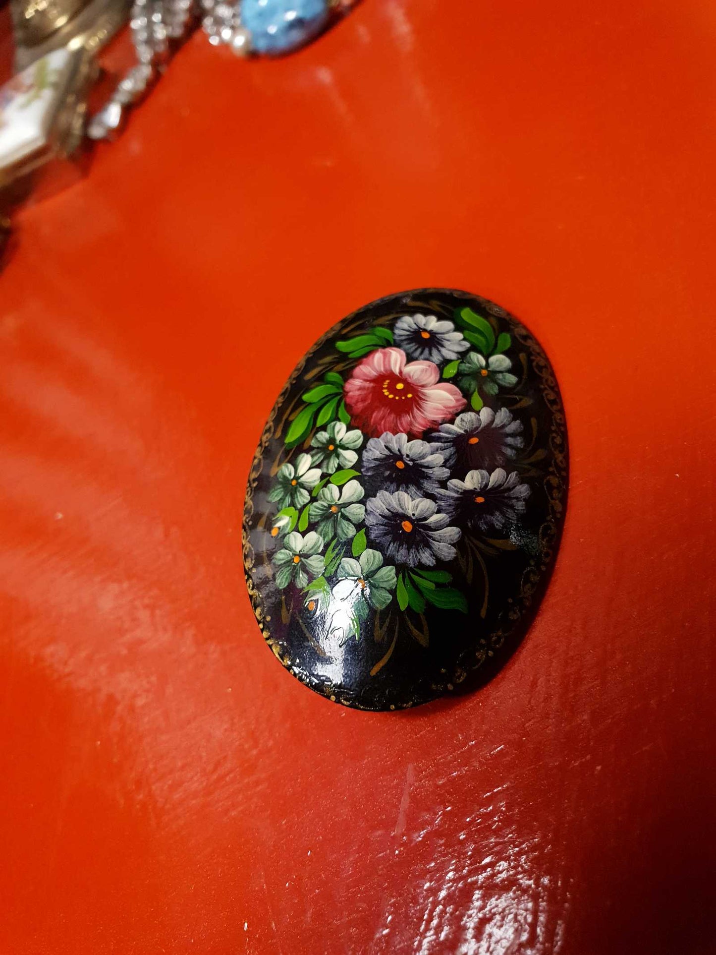 Vintage 90s Russian Floral Brooch Oval Pin Hand Painted Flowers Signed Folk Art