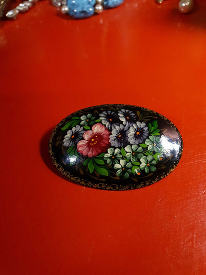 Vintage 90s Russian Floral Brooch Oval Pin Hand Painted Flowers Signed Folk Art