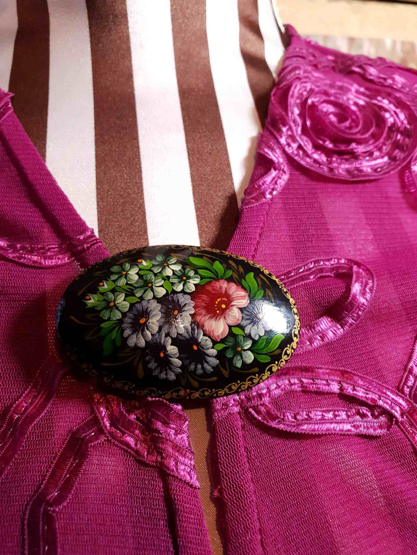 Vintage 90s Russian Floral Brooch Oval Pin Hand Painted Flowers Signed Folk Art