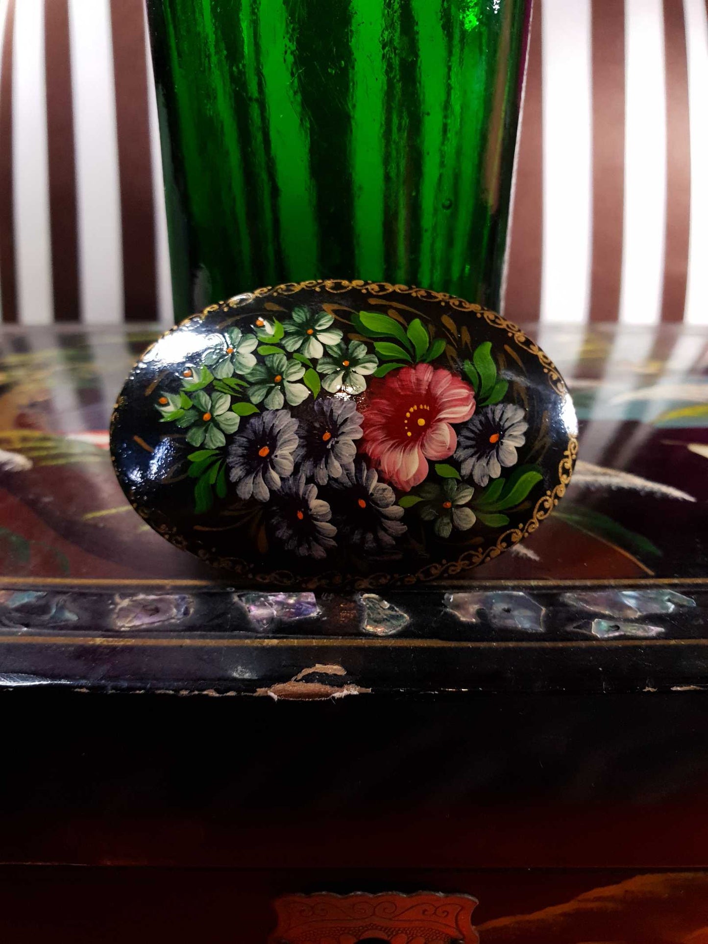 Vintage 90s Russian Floral Brooch Oval Pin Hand Painted Flowers Signed Folk Art