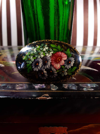 Vintage 90s Russian Floral Brooch Oval Pin Hand Painted Flowers Signed Folk Art