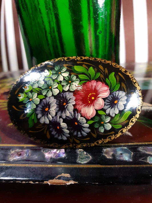 Vintage 90s Russian Floral Brooch Oval Pin Hand Painted Flowers Signed Folk Art