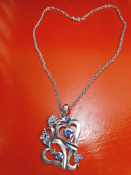 Vintage Blue Rhinestone Heart Pendant Necklace 18" Silver Tone Y2K