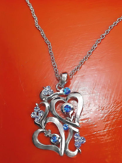 Vintage Blue Rhinestone Heart Pendant Necklace 18" Silver Tone Y2K