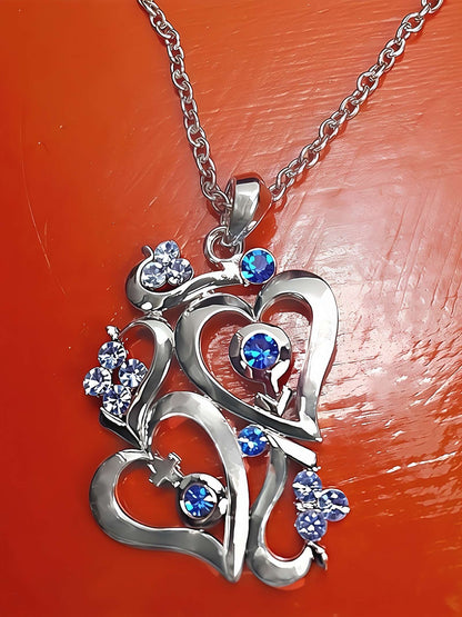 Vintage Blue Rhinestone Heart Pendant Necklace 18" Silver Tone Y2K