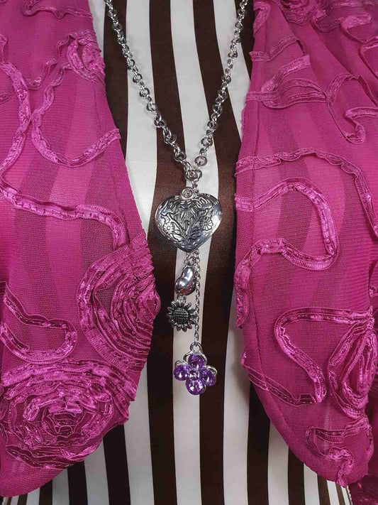 Vintage Boho Heart Charm Necklace Purple Rhinestone Flower Bohemian Y2K