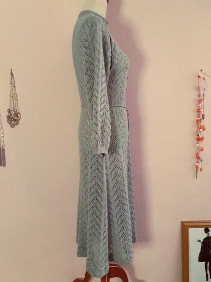 Cute Vintage 90s Pale Green/Grey Knit Day Dress - Size 10/12