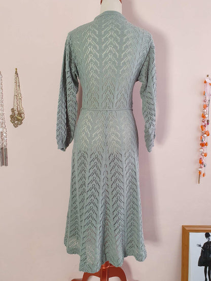Cute Vintage 90s Pale Green/Grey Knit Day Dress - Size 10/12