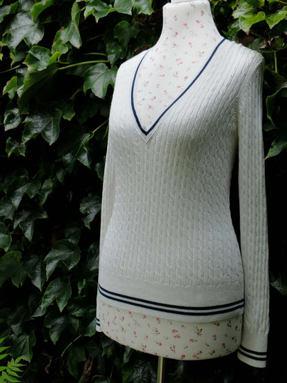 English Classics - Pre-Loved Laura Ashley White Navy Trim Cotton & Cashmere Jumper - Size 12