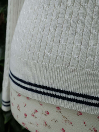 English Classics - Pre-Loved Laura Ashley White Navy Trim Cotton & Cashmere Jumper - Size 12