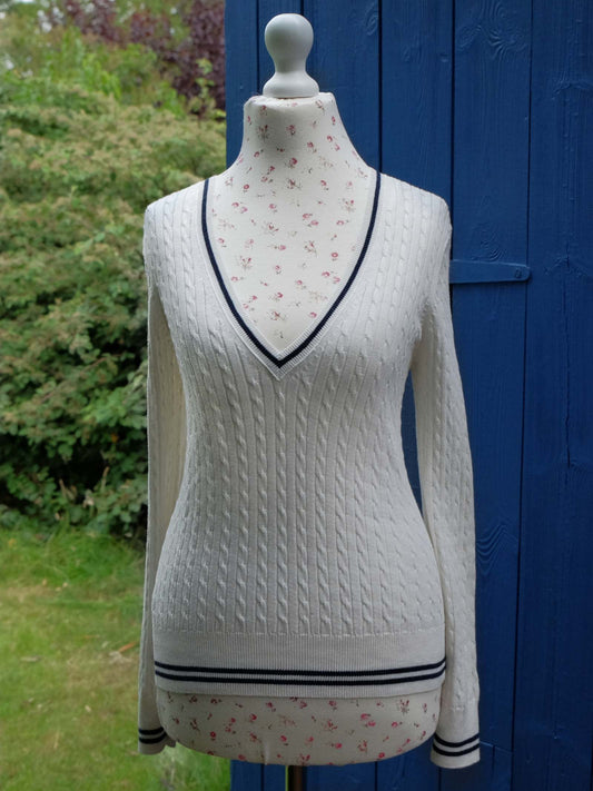 English Classics - Pre-Loved Laura Ashley White Navy Trim Cotton & Cashmere Jumper - Size 12