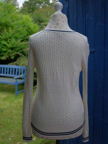 English Classics - Pre-Loved Laura Ashley White Navy Trim Cotton & Cashmere Jumper - Size 12