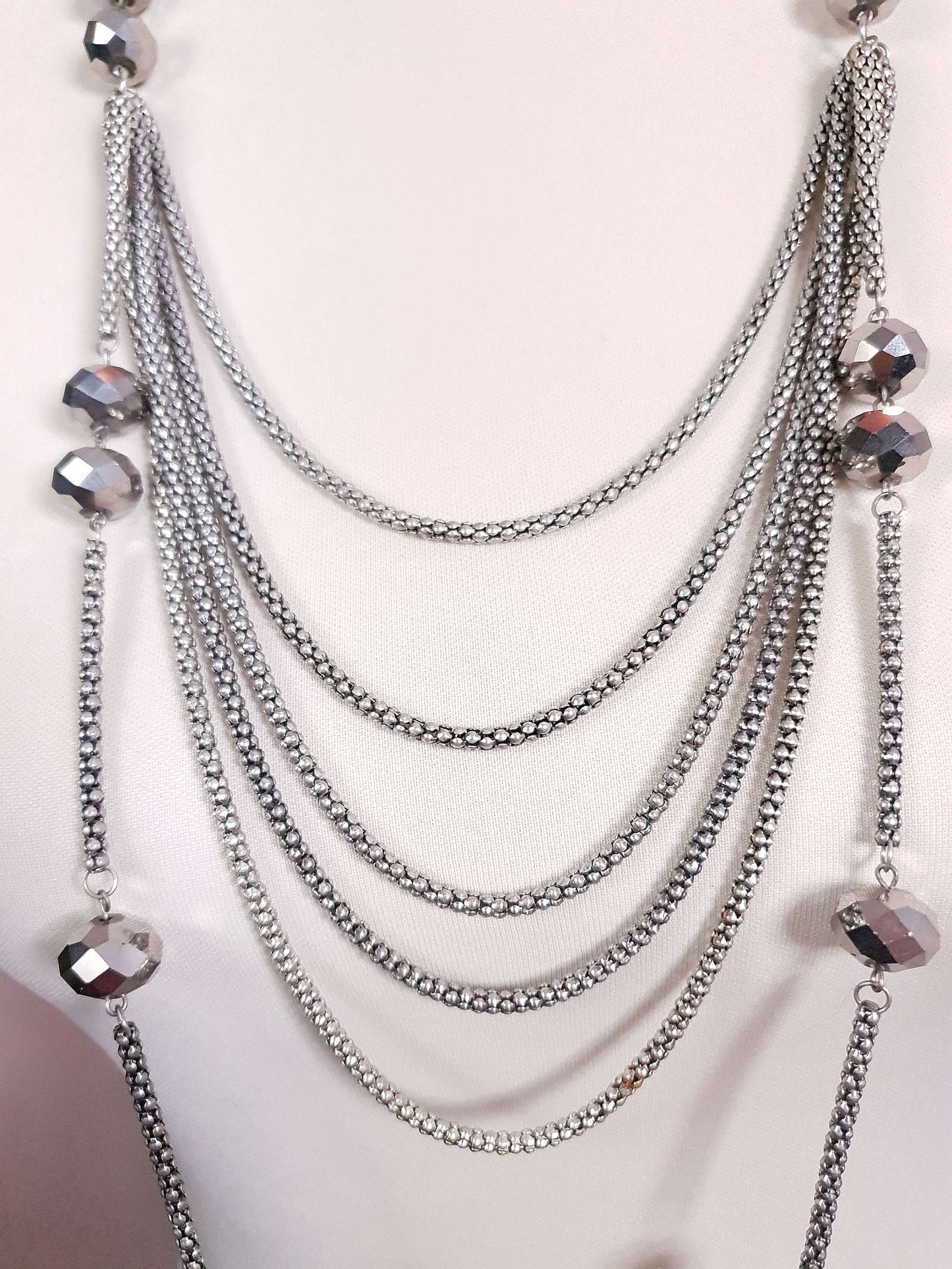 Vintage Long Layered Glass Bead Necklace 39" Draped Faceted Bead Silver-Tone Multi-Tier