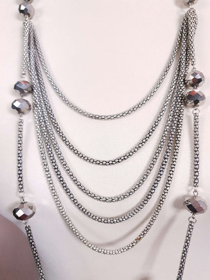 Vintage Long Layered Necklace 39" Draped 20s Style Faceted Bead Silver-Tone Multi-Tier