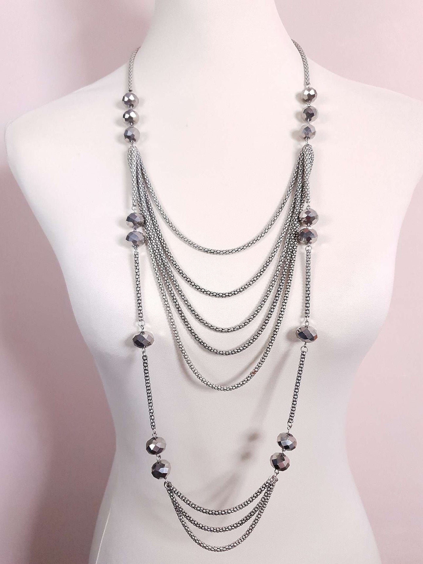 Vintage Long Layered Glass Bead Necklace 39" Draped Faceted Bead Silver-Tone Multi-Tier