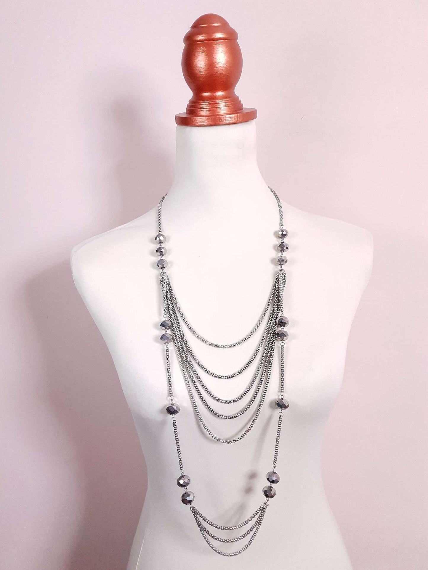 Vintage Long Layered Glass Bead Necklace 39" Draped Faceted Bead Silver-Tone Multi-Tier