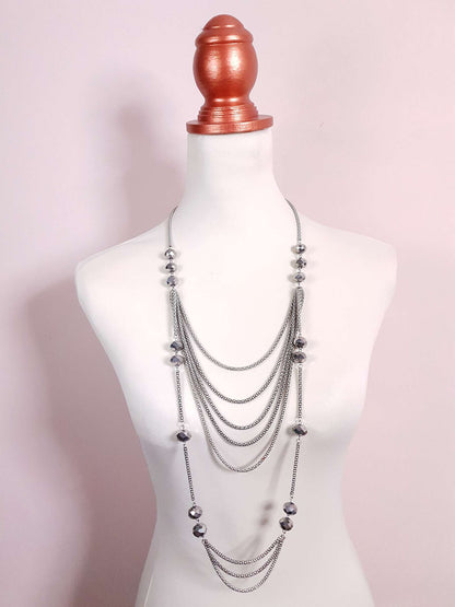 Vintage Long Layered Glass Bead Necklace 39" Draped Faceted Bead Silver-Tone Multi-Tier
