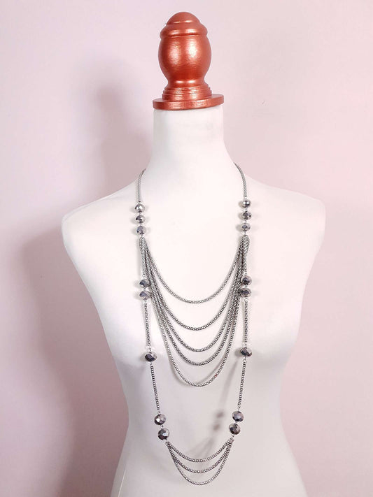 Vintage Long Layered Glass Bead Necklace 39" Draped Faceted Bead Silver-Tone Multi-Tier