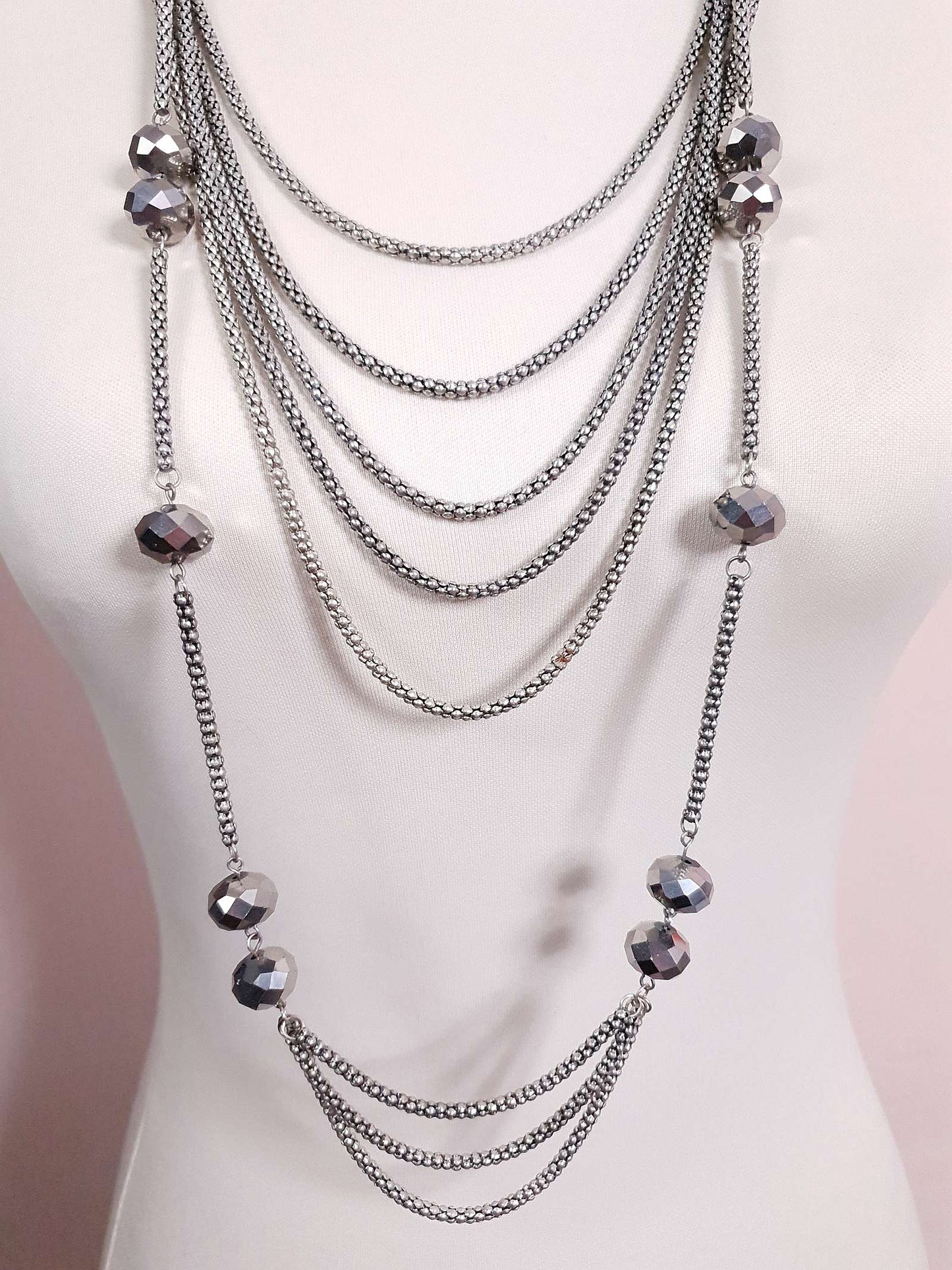 Vintage Long Layered Glass Bead Necklace 39" Draped Faceted Bead Silver-Tone Multi-Tier