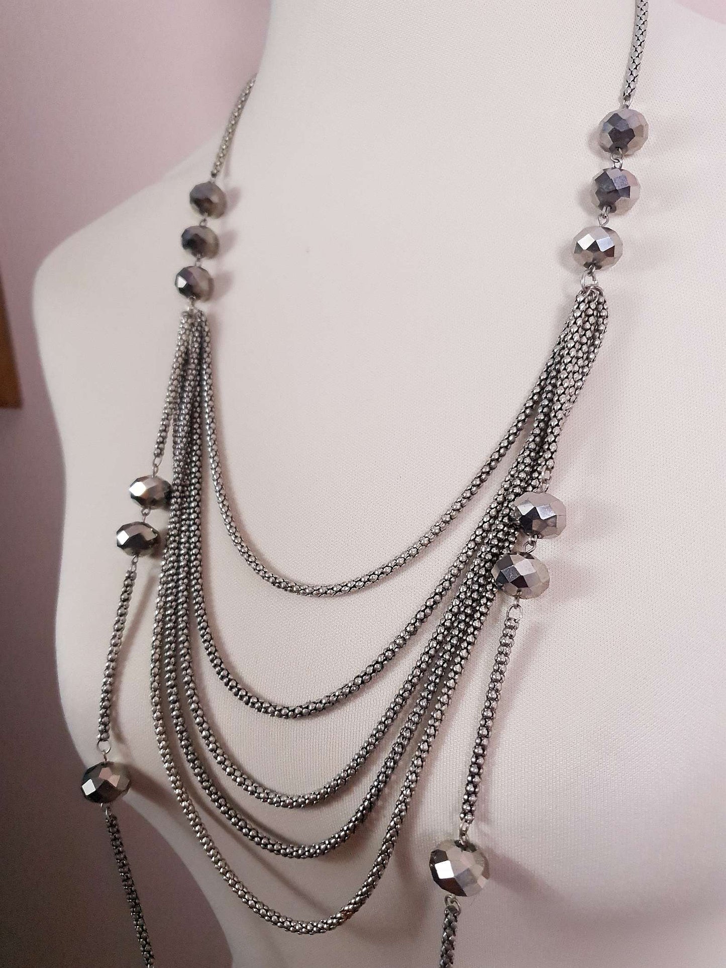 Vintage Long Layered Glass Bead Necklace 39" Draped Faceted Bead Silver-Tone Multi-Tier