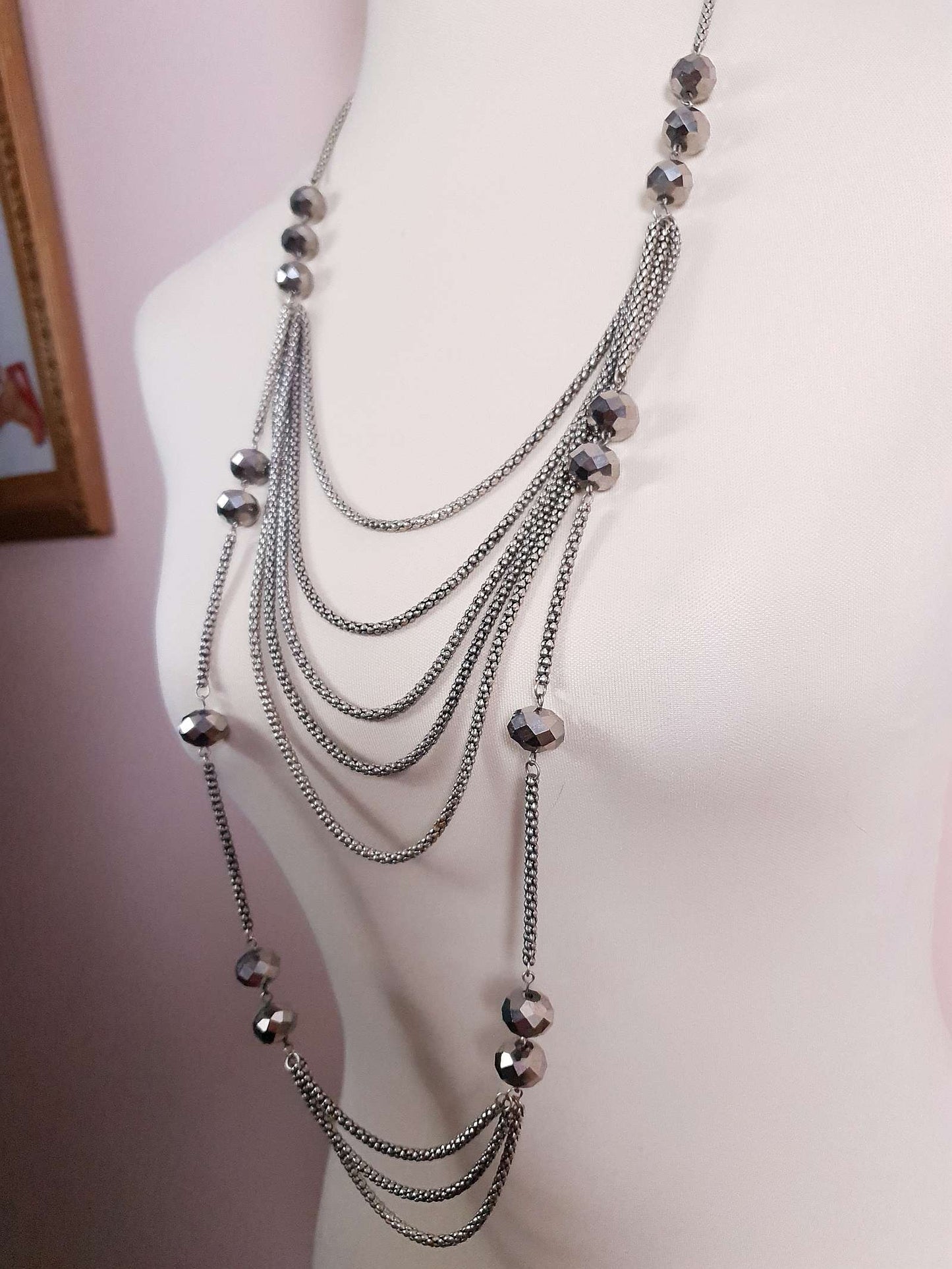 Vintage Long Layered Glass Bead Necklace 39" Draped Faceted Bead Silver-Tone Multi-Tier