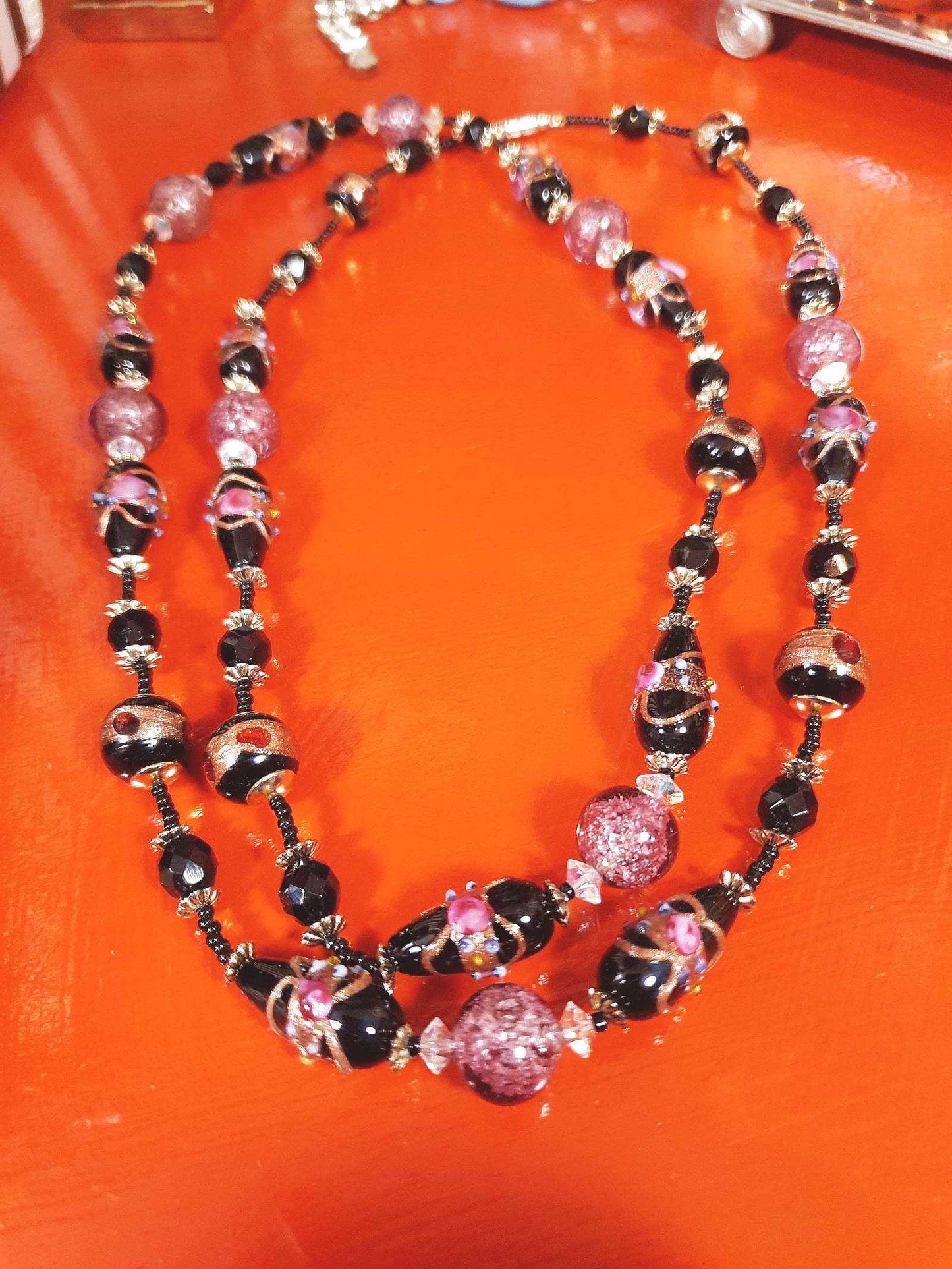 Vintage Murano Glass Wedding Cake Beads Necklace Venetian Lampwork Black Pink