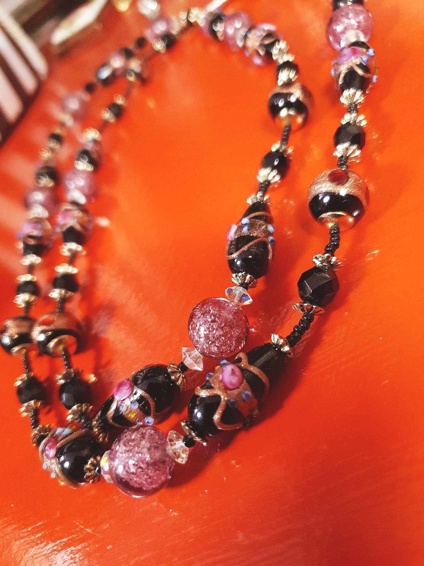 Vintage Murano Glass Wedding Cake Beads Necklace Venetian Lampwork Black Pink