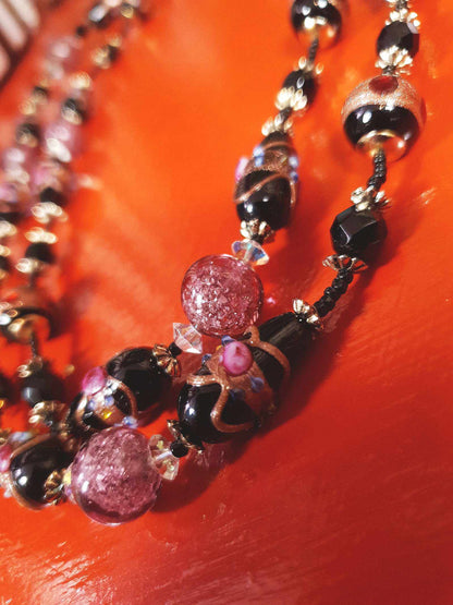 Vintage Murano Glass Wedding Cake Beads Necklace Venetian Lampwork Black Pink