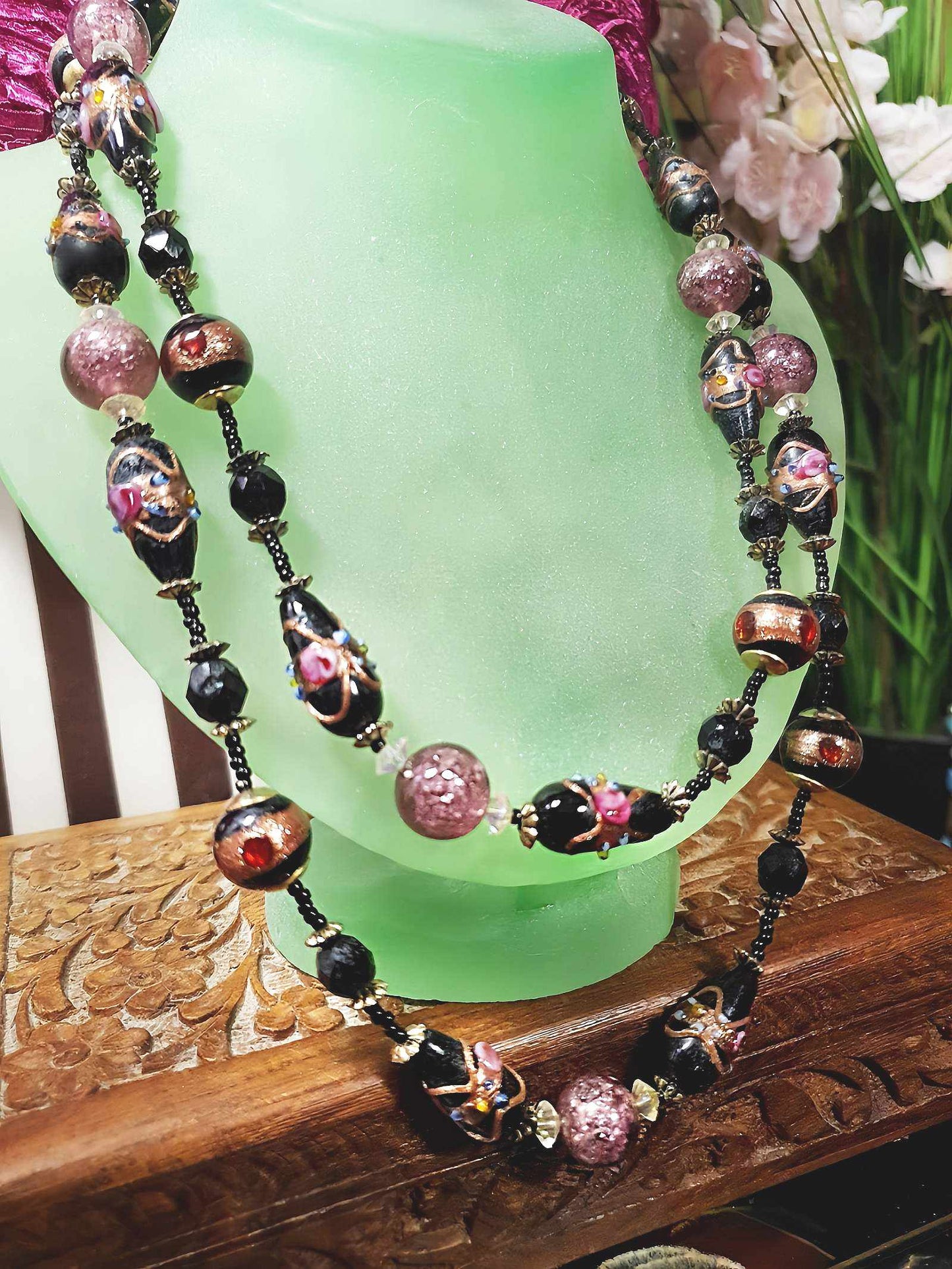 Vintage Murano Glass Wedding Cake Beads Necklace Venetian Lampwork Black Pink