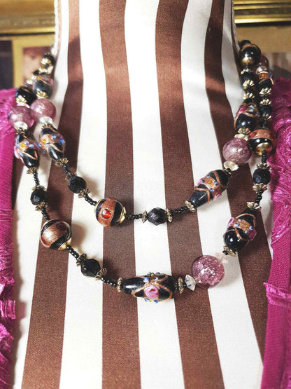 Vintage Murano Glass Wedding Cake Beads Necklace Venetian Lampwork Black Pink