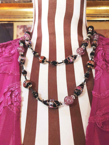 Vintage Murano Glass Wedding Cake Beads Necklace Venetian Lampwork Black Pink