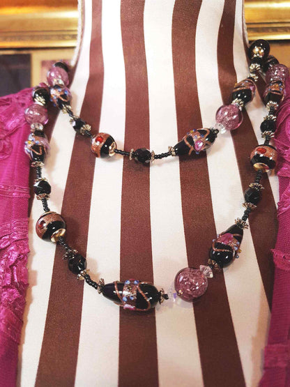 Vintage Murano Glass Wedding Cake Beads Necklace Venetian Lampwork Black Pink