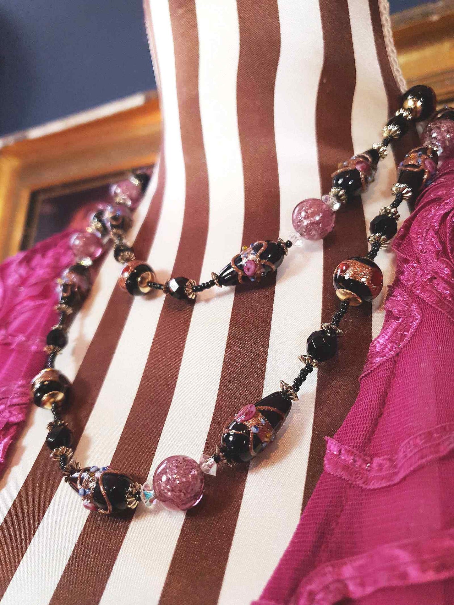 Vintage Murano Glass Wedding Cake Beads Necklace Venetian Lampwork Black Pink