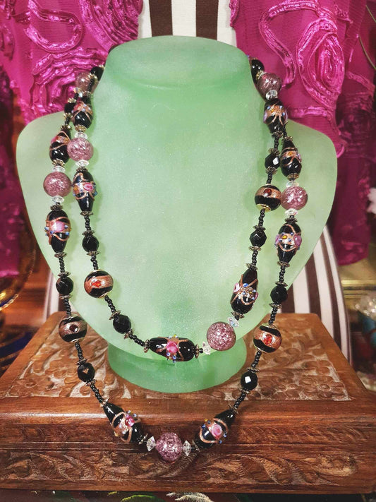 Vintage Murano Glass Wedding Cake Beads Necklace Venetian Lampwork Black Pink
