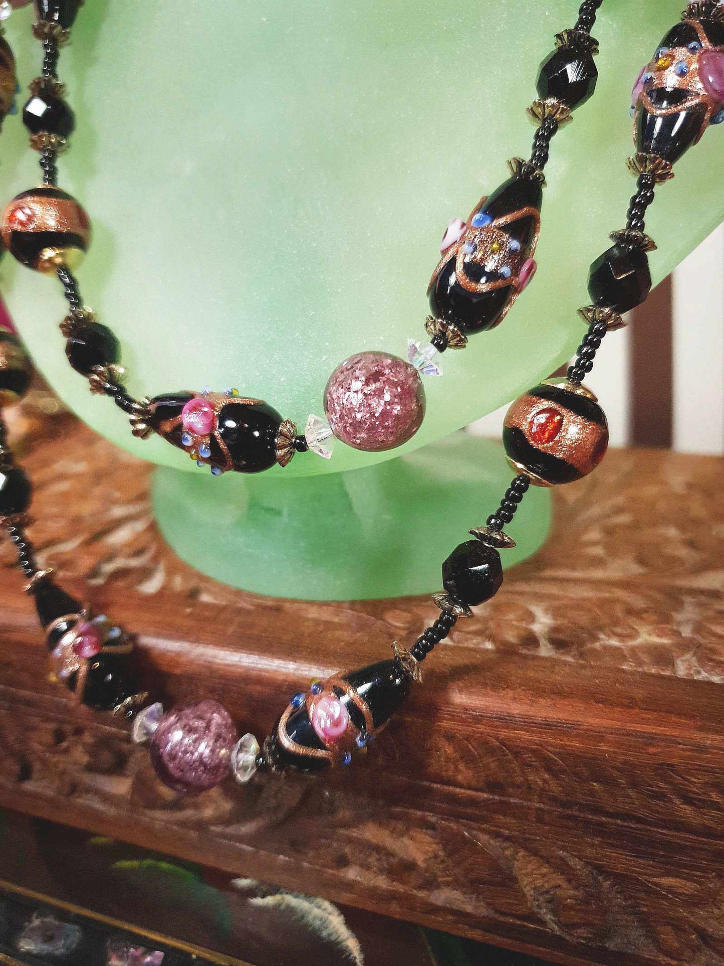 Vintage Murano Glass Wedding Cake Beads Necklace Venetian Lampwork Black Pink