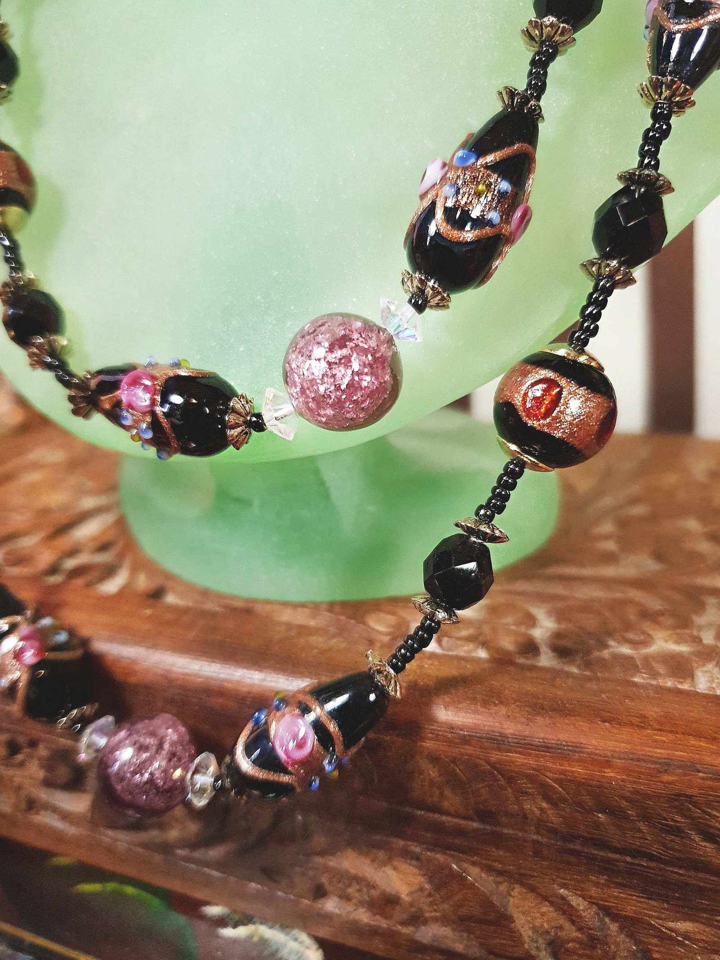 Vintage Murano Glass Wedding Cake Beads Necklace Venetian Lampwork Black Pink