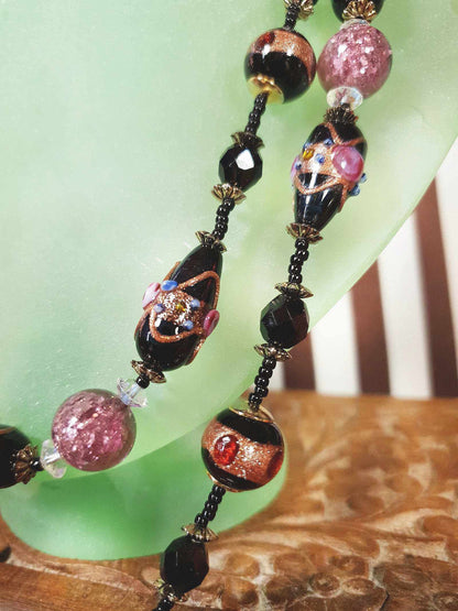 Vintage Murano Glass Wedding Cake Beads Necklace Venetian Lampwork Black Pink
