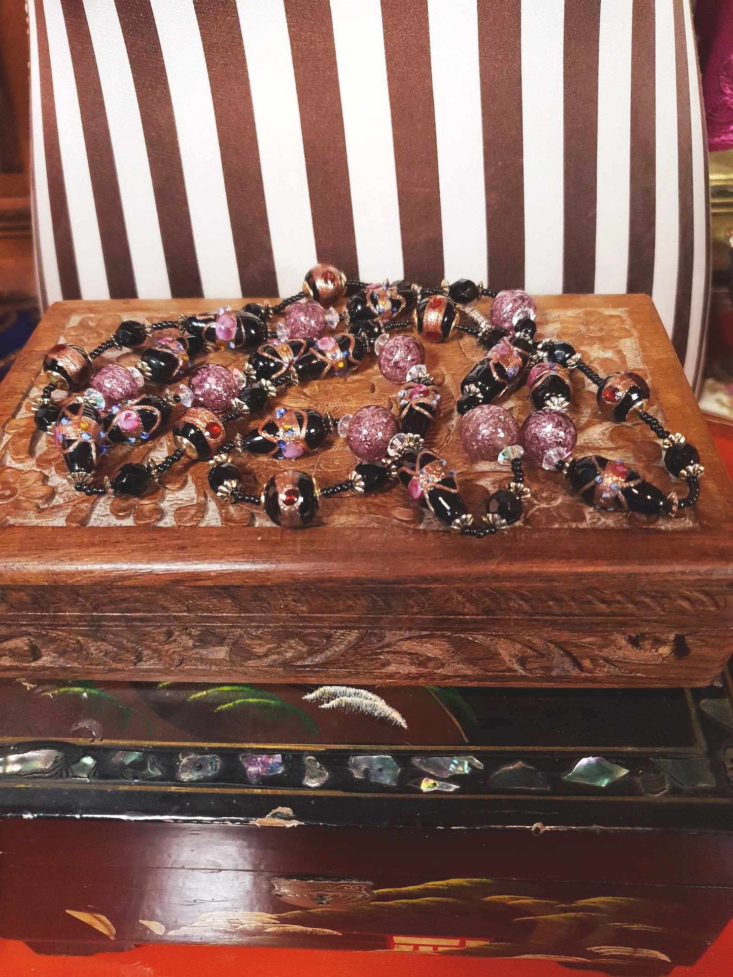 Vintage Murano Glass Wedding Cake Beads Necklace Venetian Lampwork Black Pink