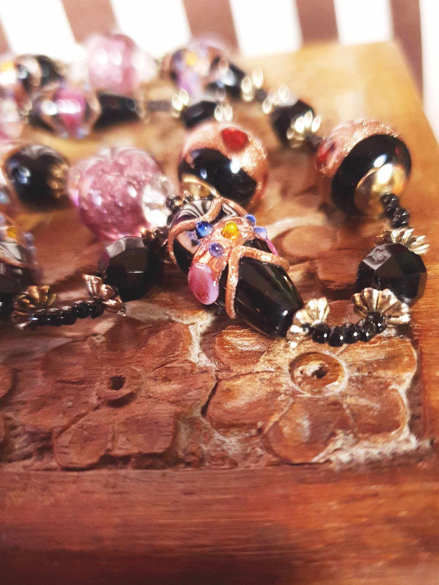 Vintage Murano Glass Wedding Cake Beads Necklace Venetian Lampwork Black Pink
