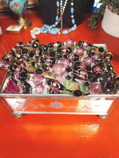 Vintage Murano Glass Wedding Cake Beads Necklace Venetian Lampwork Black Pink