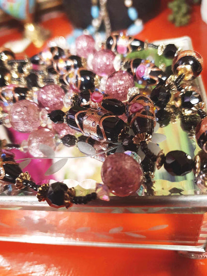 Vintage Murano Glass Wedding Cake Beads Necklace Venetian Lampwork Black Pink