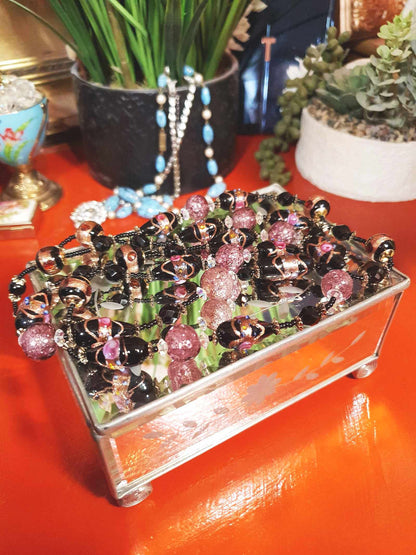 Vintage Murano Glass Wedding Cake Beads Necklace Venetian Lampwork Black Pink