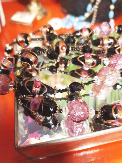 Vintage Murano Glass Wedding Cake Beads Necklace Venetian Lampwork Black Pink