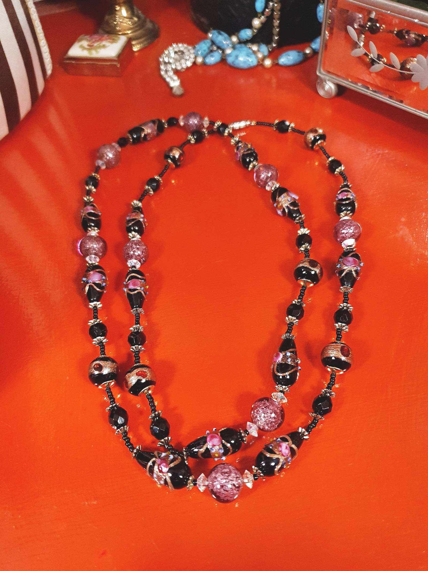 Vintage Murano Glass Wedding Cake Beads Necklace Venetian Lampwork Black Pink